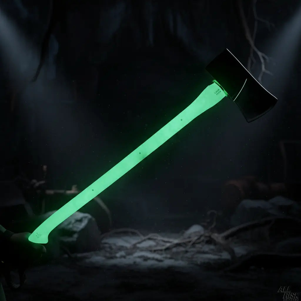 Luminous Lock Slot axe glowing handle in dark environment - glow-in-dark feature demonstration for low-visibility operations
