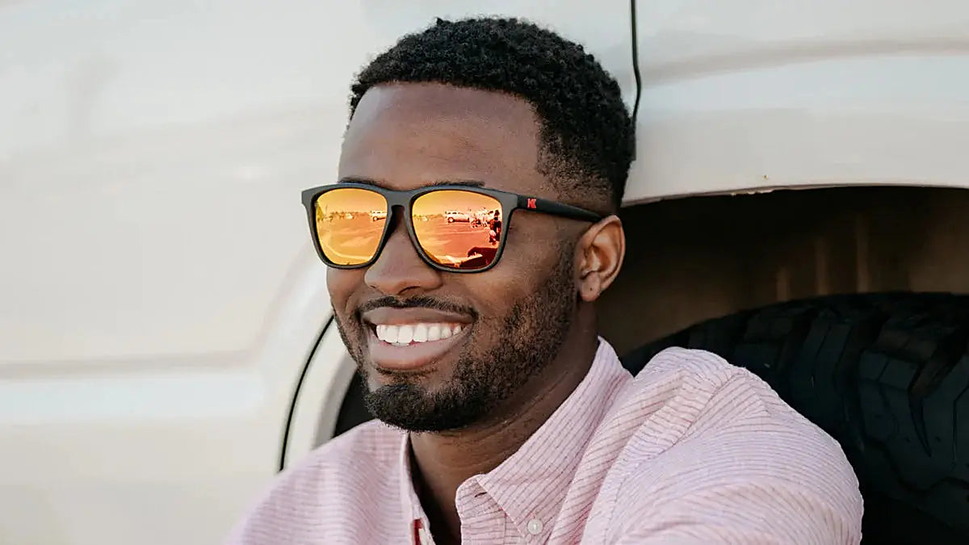 Matt Black / Red Sunset Fast Lanes - Knockaround Sunglasses - close-up detail