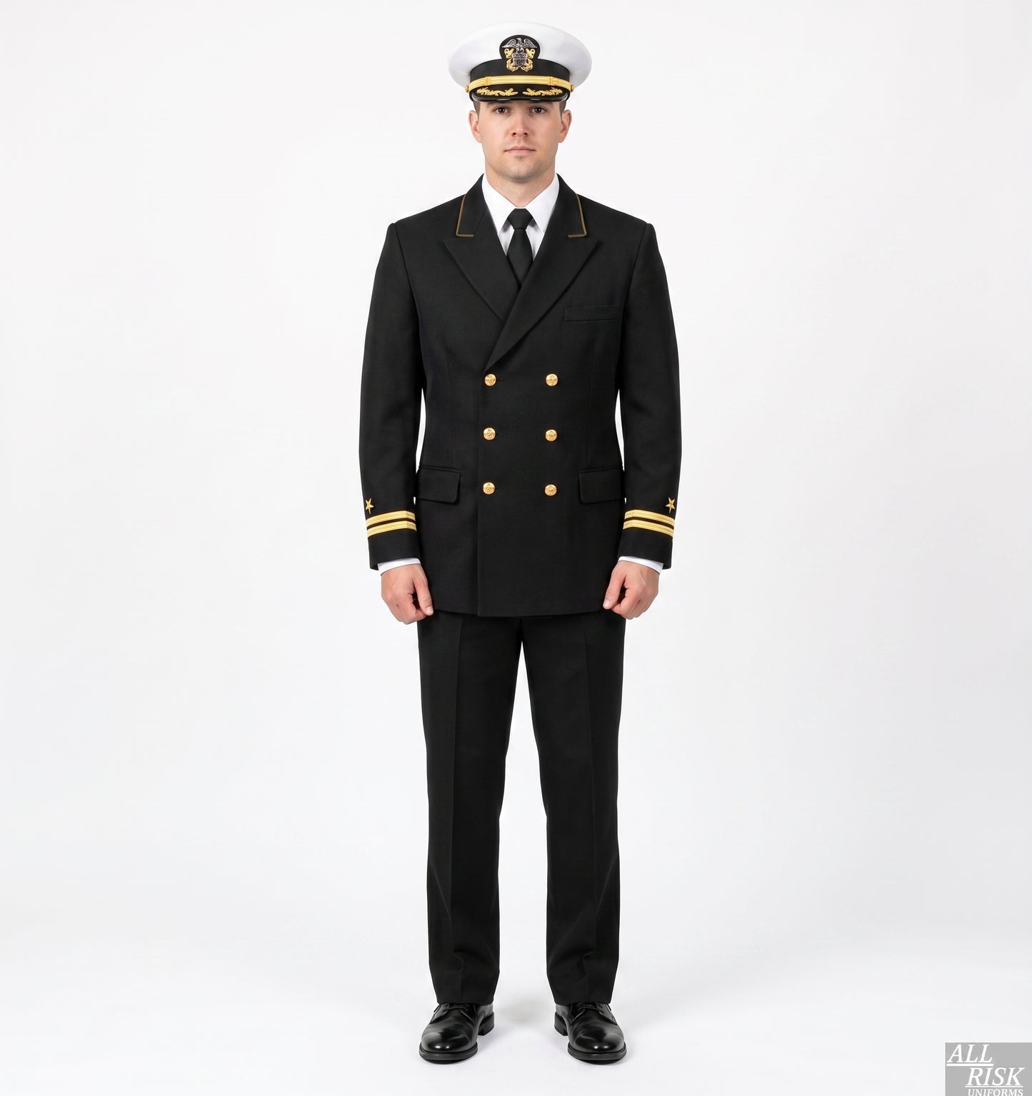 CAL FIRE Class A uniform — gold-brass officer version illustration: black double-breasted dress jacket with gold buttons and gold shoulder rockers, white peaked dress cap with gold hat-device, gold dress sleeve braid, black trousers, black tie, white shirt, white parade gloves.