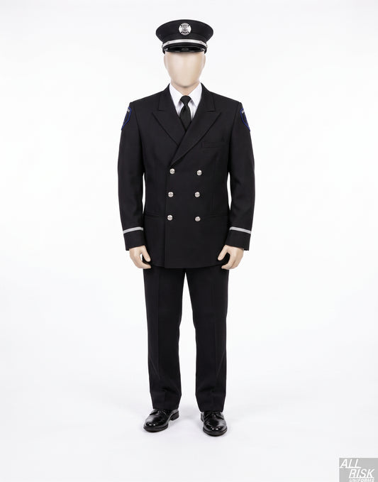 CAL FIRE Class A uniform — silver-brass version illustration: black double-breasted dress jacket with silver buttons and silver shoulder rocker patches, black peaked dress cap with silver hat-device, black trousers, black tie, white shirt, white parade gloves.