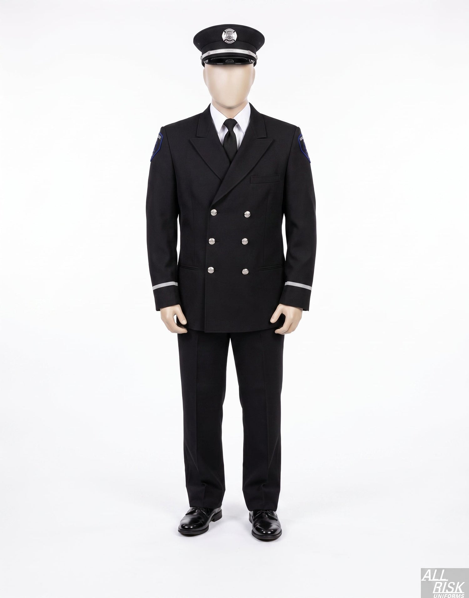 All Risk-tailored double-breasted Class A dress uniform - silver Eureka buttons and single silver vellum sleeve stripe (firefighter, engineer, and captain configuration; chiefs get gold buttons and a gold vellum stripe). CAL FIRE builds finished with CAL FIRE shoulder patches per Policy 1500.