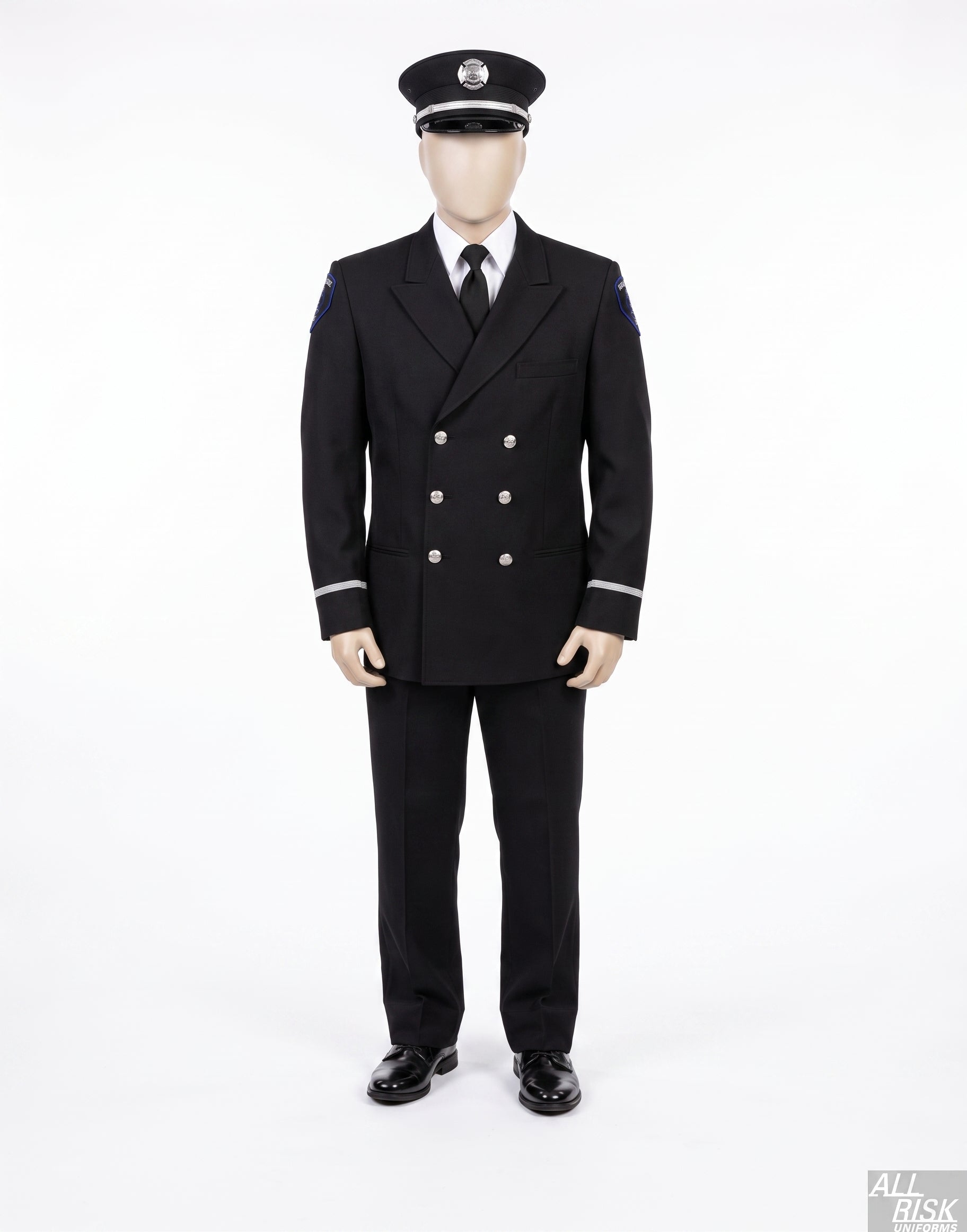 All Risk-tailored double-breasted Class A dress uniform - silver Eureka buttons and single silver vellum sleeve stripe (firefighter, engineer, and captain configuration; chiefs get gold buttons and a gold vellum stripe). CAL FIRE builds finished with CAL FIRE shoulder patches per Policy 1500.