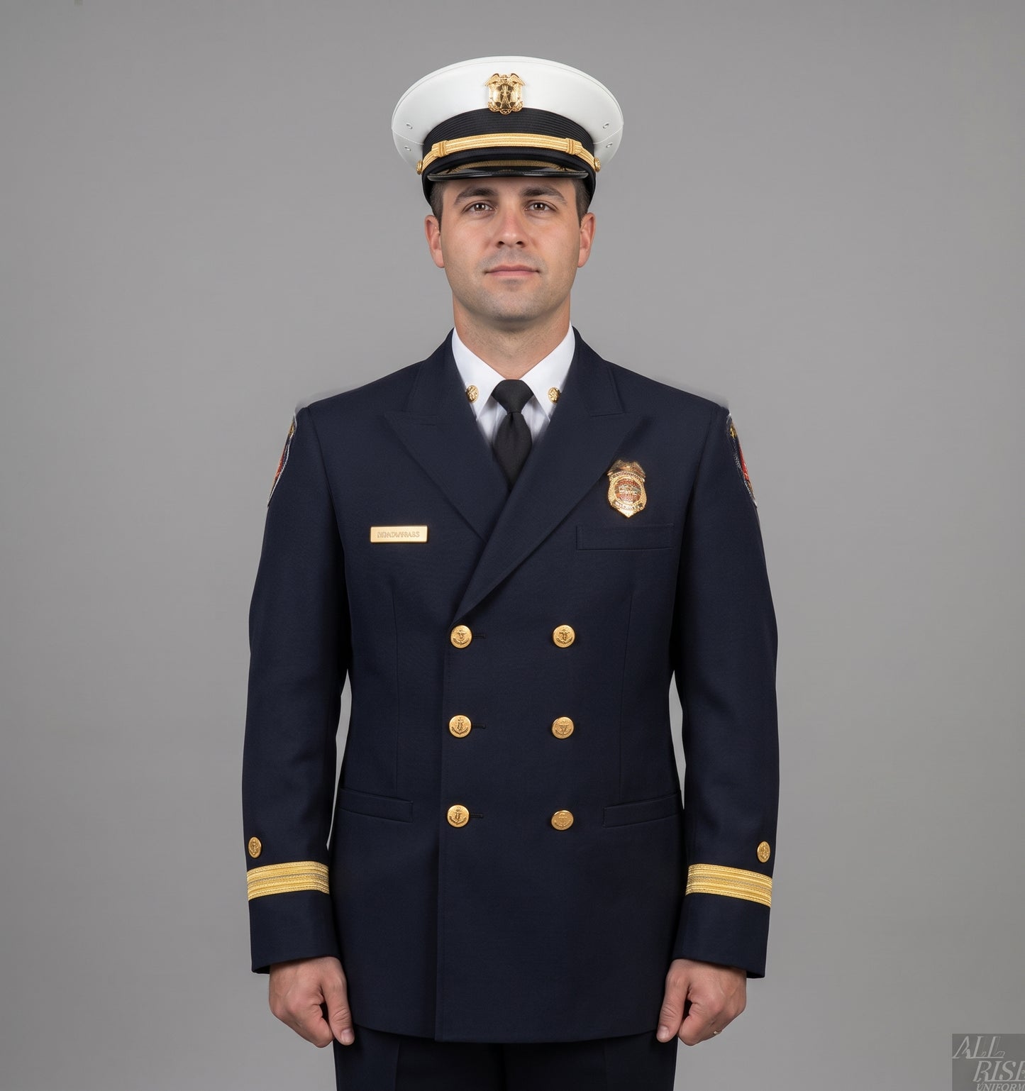 CAL FIRE academy graduate at attention in Class A uniform — navy-black double-breasted dress jacket with gold buttons and gold breast badge, white peaked dress cap with gold insignia, gold dress sleeve braid. Standing before US flag, California Bear flag, and CAL FIRE Graduation 2024 banners with other graduates in formation behind.