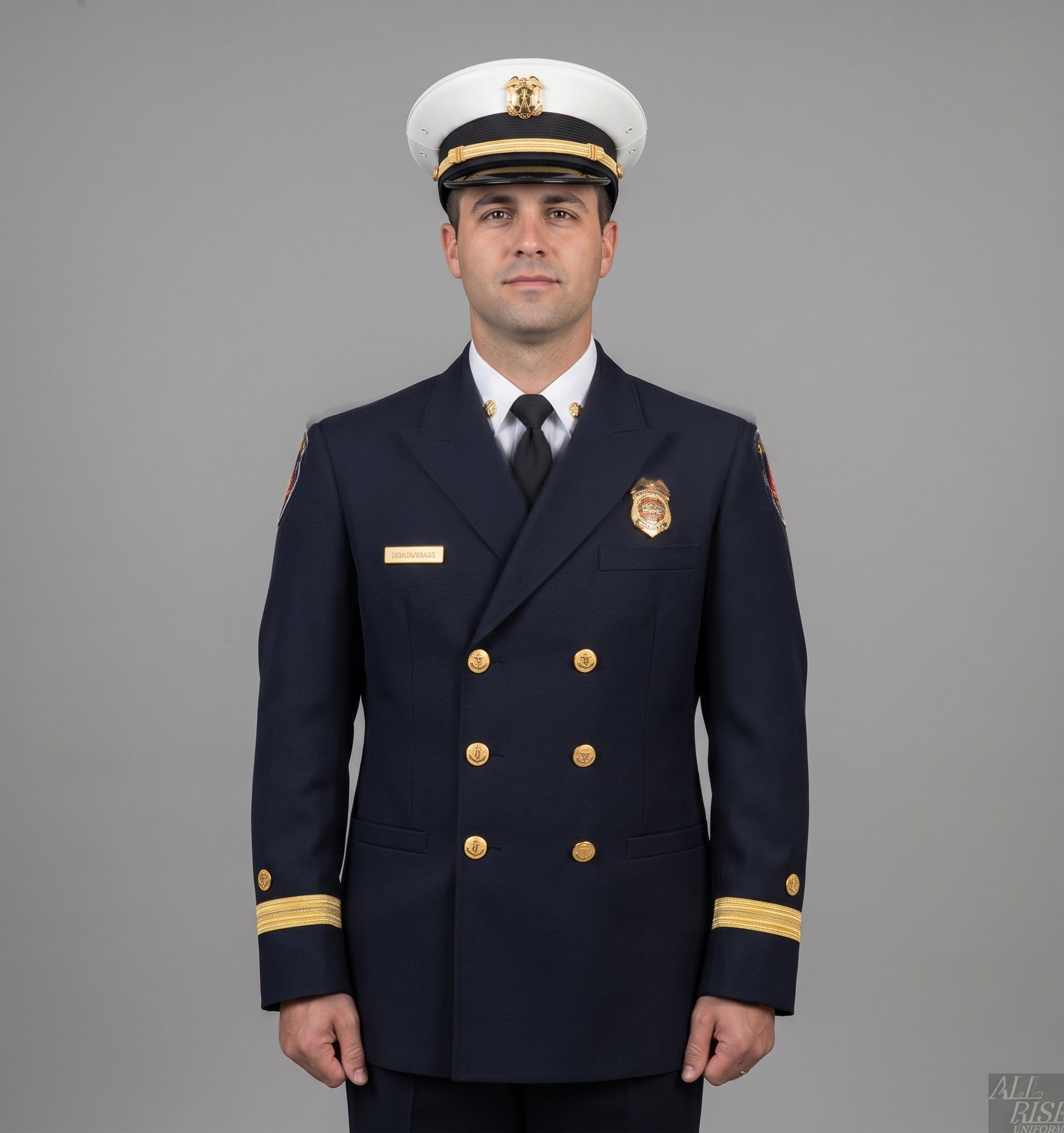 CAL FIRE academy graduate at attention in Class A uniform — navy-black double-breasted dress jacket with gold buttons and gold breast badge, white peaked dress cap with gold insignia, gold dress sleeve braid. Standing before US flag, California Bear flag, and CAL FIRE Graduation 2024 banners with other graduates in formation behind.