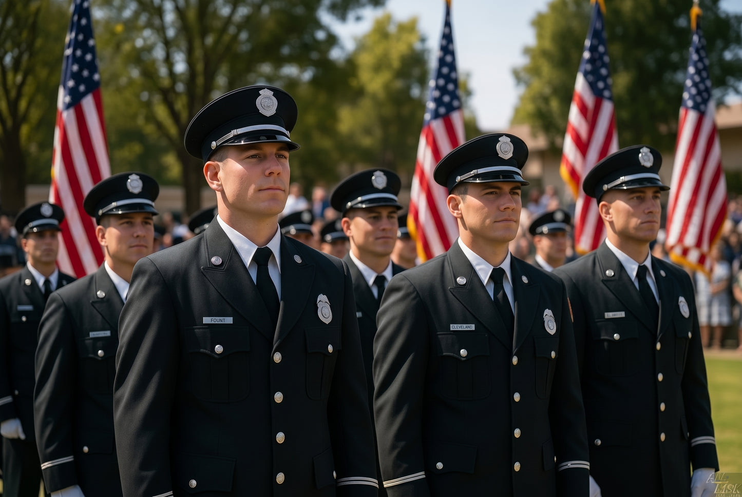 CAL FIRE graduates in formation outdoors in silver-brass Class A uniforms — black peaked caps with silver hat-device, black double-breasted dress jackets with silver buttons, silver breast badges, silver dress sleeve braid. Multiple US flags behind, civilian audience watching the ceremony.