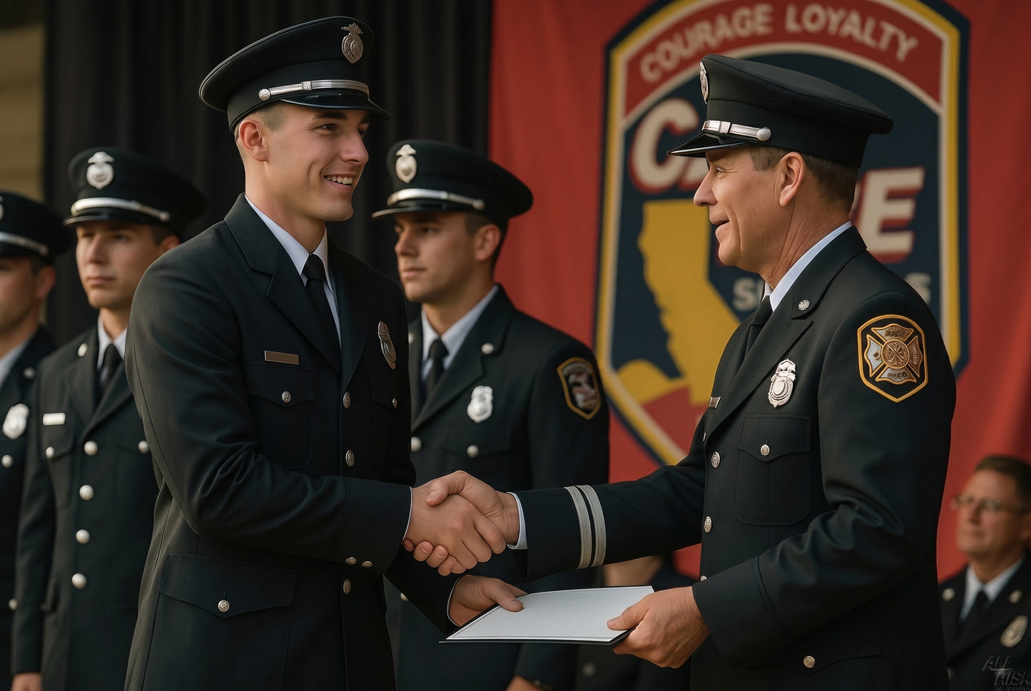 CAL FIRE academy graduate in silver-brass Class A shaking hands with a senior officer during certificate presentation — both in black peaked caps and black double-breasted dress jackets, officer holding a white certificate folio. CAL FIRE shield banner with 'Courage Loyalty' text behind. Other graduates visible in the background.