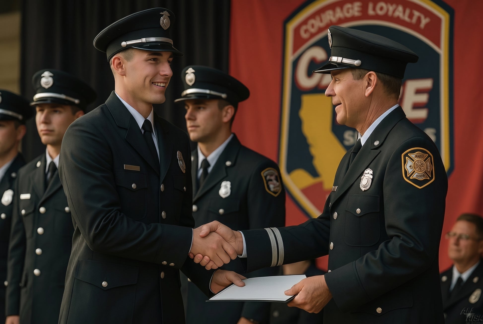 CAL FIRE academy graduate in silver-brass Class A shaking hands with a senior officer during certificate presentation — both in black peaked caps and black double-breasted dress jackets, officer holding a white certificate folio. CAL FIRE shield banner with 'Courage Loyalty' text behind. Other graduates visible in the background.