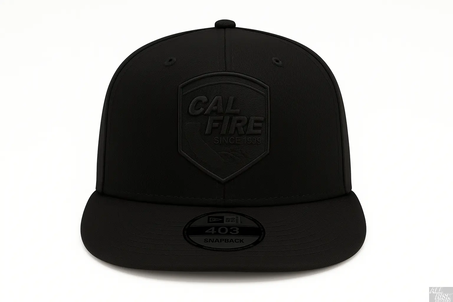 Blacked-out New Era 403 snapback, front view, with a tonal black CAL FIRE shield crest reading SINCE and the 403 sticker still on the flat brim.