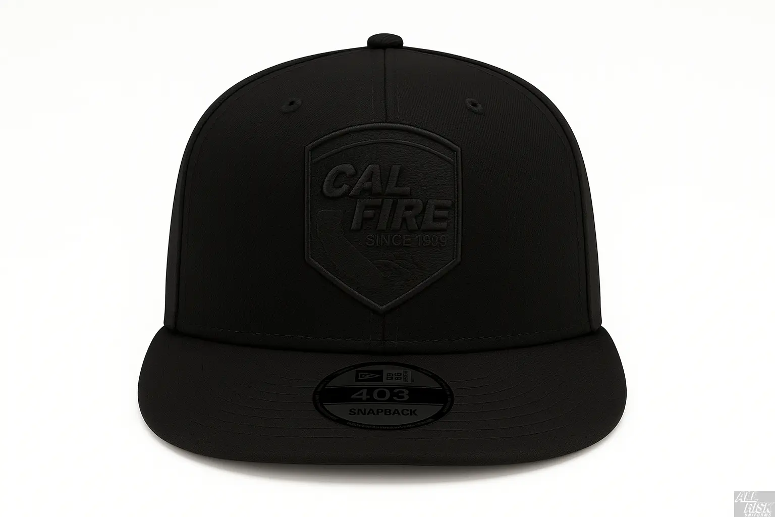 Blacked-out New Era 403 snapback, front view, with a tonal black CAL FIRE shield crest reading SINCE and the 403 sticker still on the flat brim.