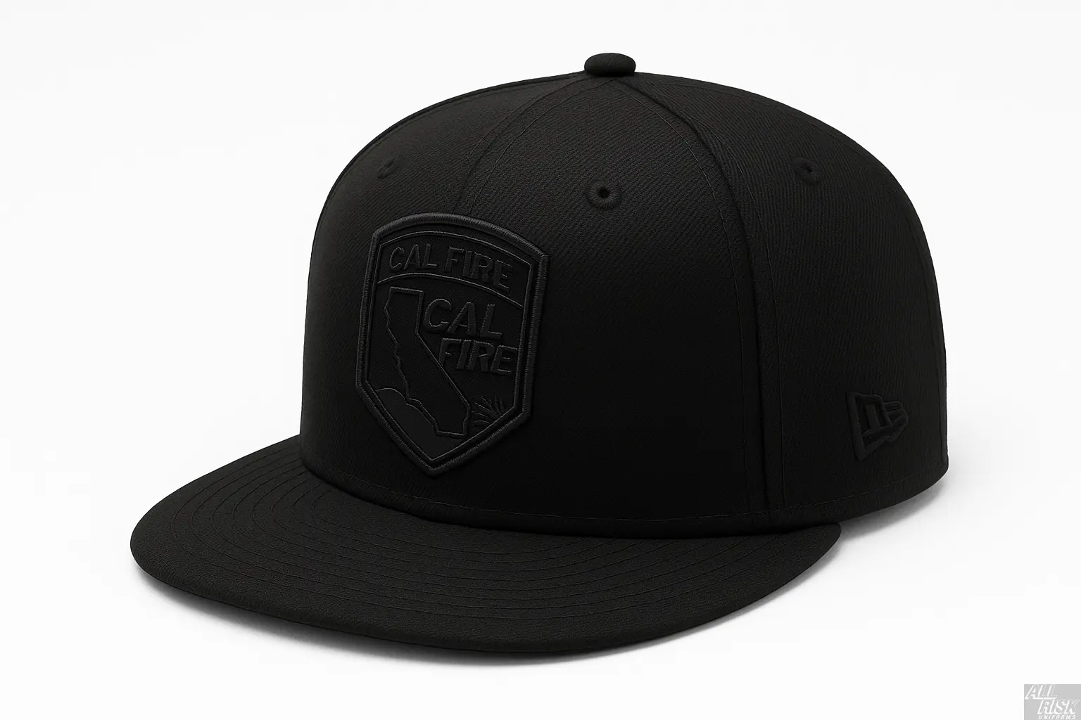 New Era 403 Snapback Hat in solid black with blacked-out CAL FIRE shield logo patch - side angle view displaying flat bill and structured 6-panel design
