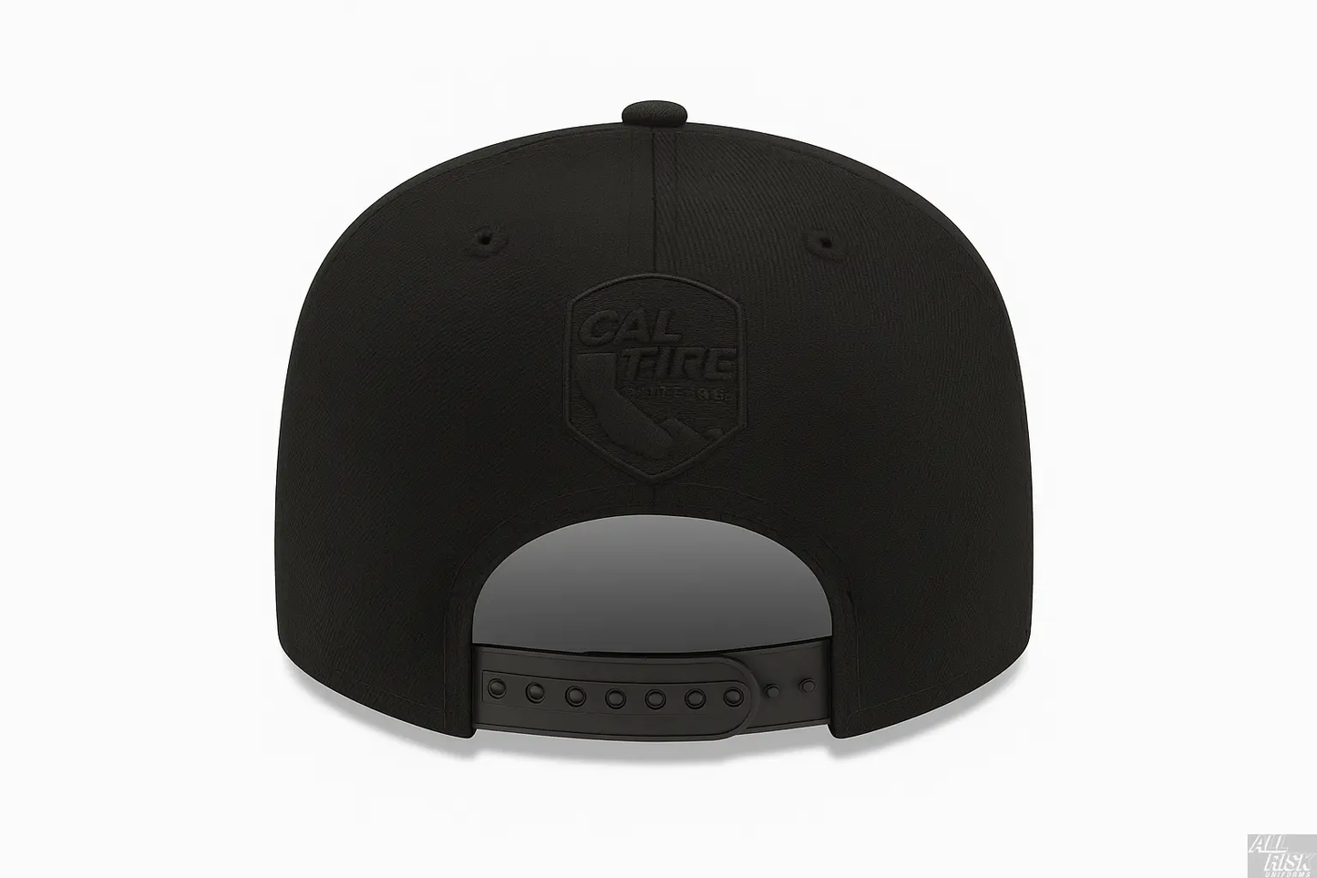 New Era 403 Snapback Hat in solid black with blacked-out CAL FIRE shield logo - back view showing snapback closure and structured construction