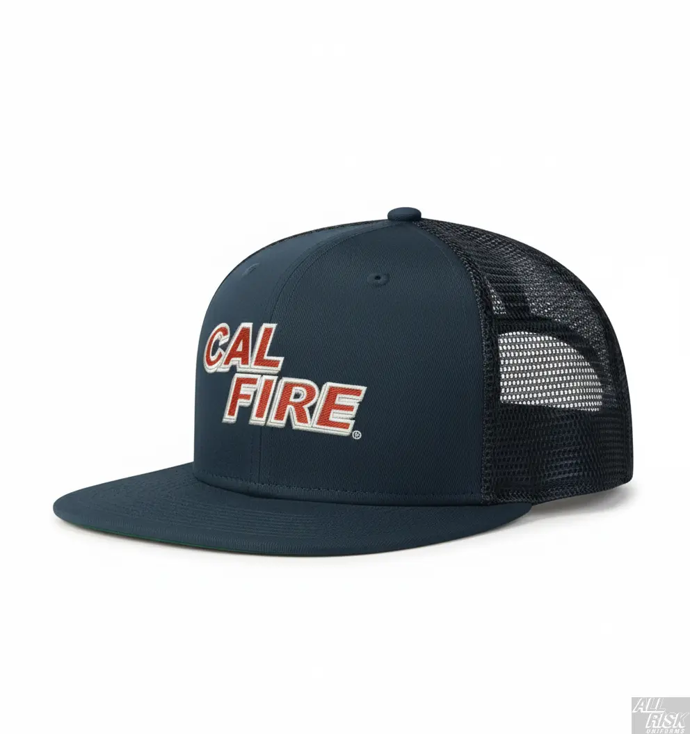 New Era 403 Snapback Hat in midnight navy with red CAL FIRE text - side angle view displaying flat bill and structured 6-panel design