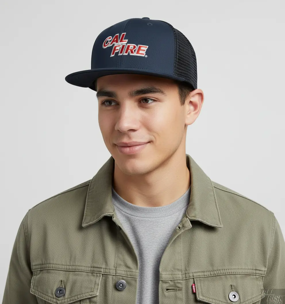 Person wearing New Era 403 Snapback Hat in midnight navy with red CAL FIRE text showing comfortable fit and flat bill style