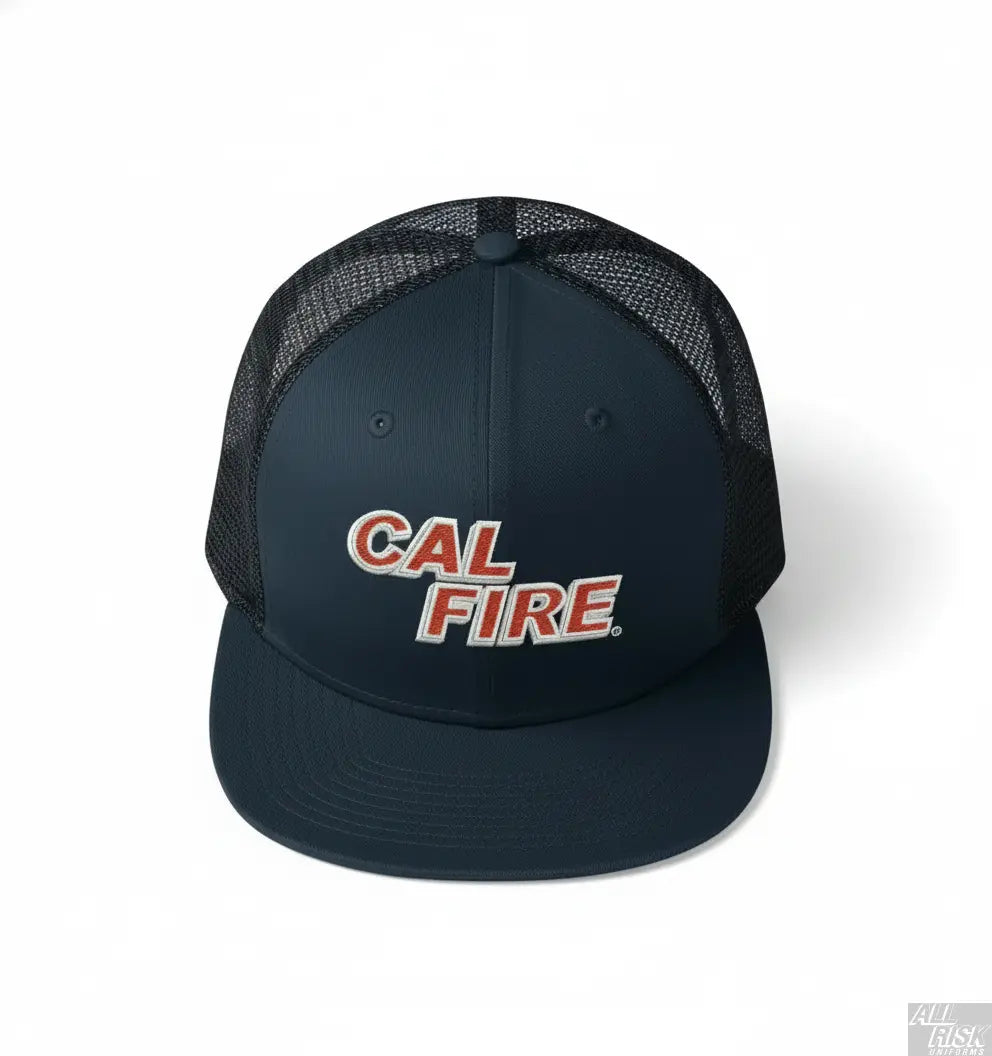Flat lay top view of New Era 403 snapback hat displaying 6-panel construction and CAL FIRE red text embroidery