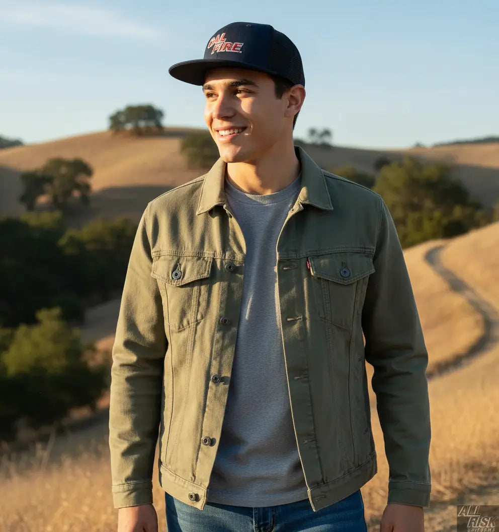 California firefighter wearing New Era 403 CAL FIRE red text snapback hat during off-duty casual wear outdoors