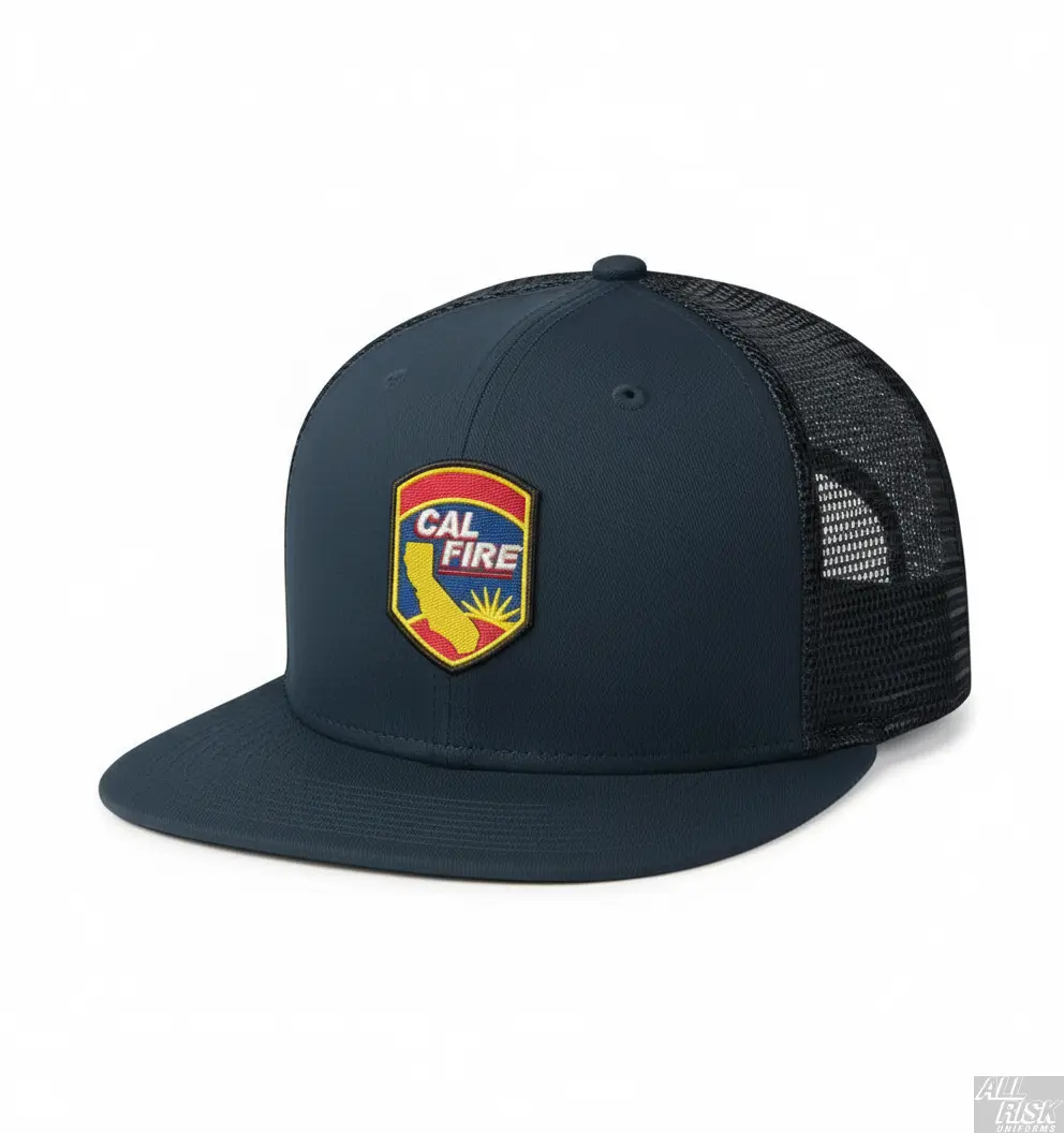 New Era 403 Snapback Hat in midnight navy with CAL FIRE shield logo patch embroidery - front view showing flat bill design and structured 6-panel construction