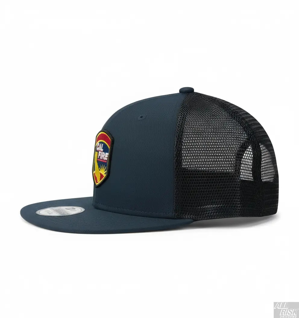 New Era 403 Snapback Hat in midnight navy with CAL FIRE shield logo patch - side angle view displaying flat bill and structured 6-panel design