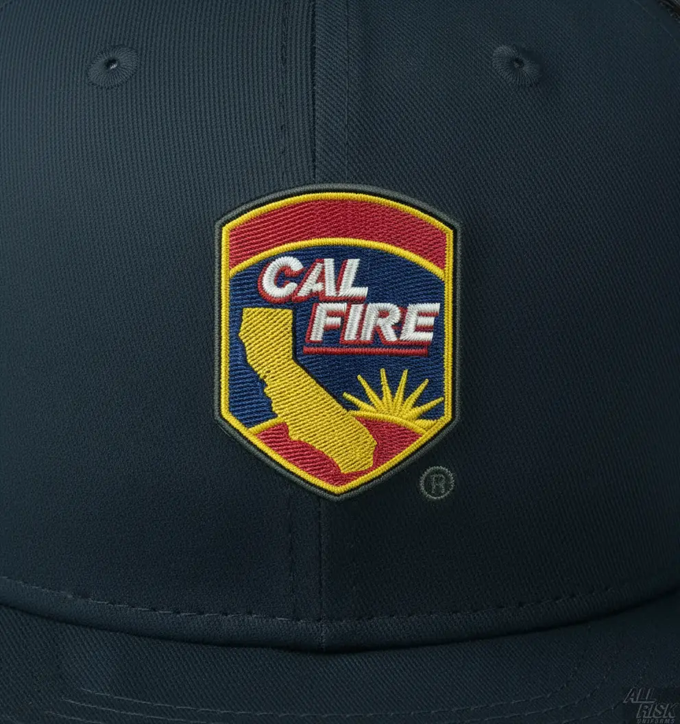Close-up detail of New Era 403 Snapback Hat in midnight navy showing CAL FIRE shield logo patch embroidery and premium New Era fabric texture