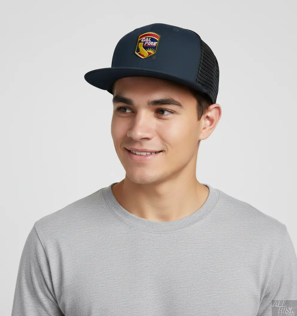 Person wearing New Era 403 Snapback Hat in midnight navy with CAL FIRE shield logo showing comfortable fit and flat bill style