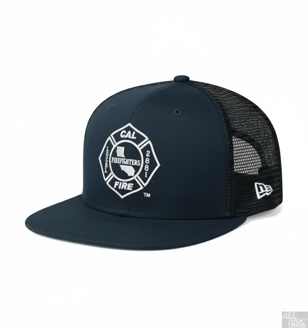 New Era 403 Snapback Hat in midnight navy with CAL FIRE union logo - side angle view displaying flat bill and structured 6-panel design