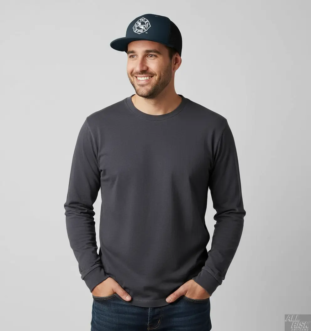 Person wearing New Era 403 Snapback Hat in midnight navy with CAL FIRE union logo showing comfortable fit, flat bill style, and union pride