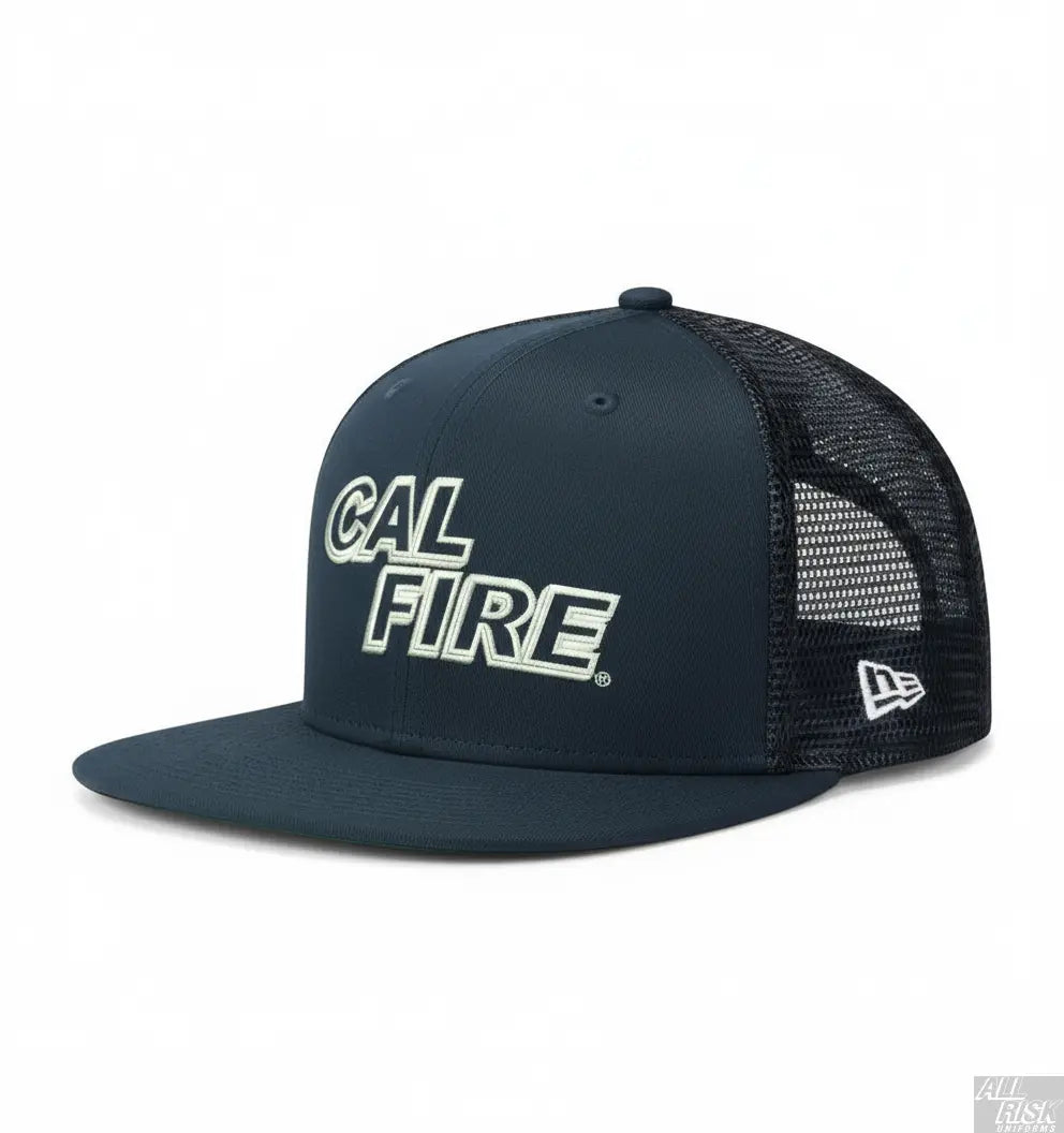 New Era 403 Snapback Hat in midnight navy with white CAL FIRE text - side angle view displaying flat bill and structured 6-panel design