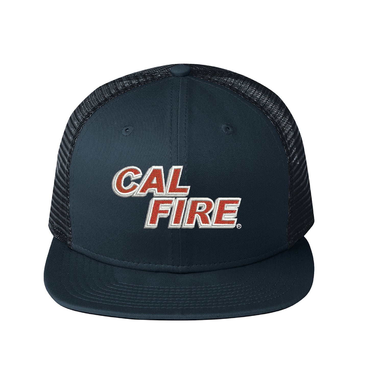 Midnight navy New Era 403 Snapback Hat, front view with the red and white CAL FIRE wordmark embroidered across the front panel.