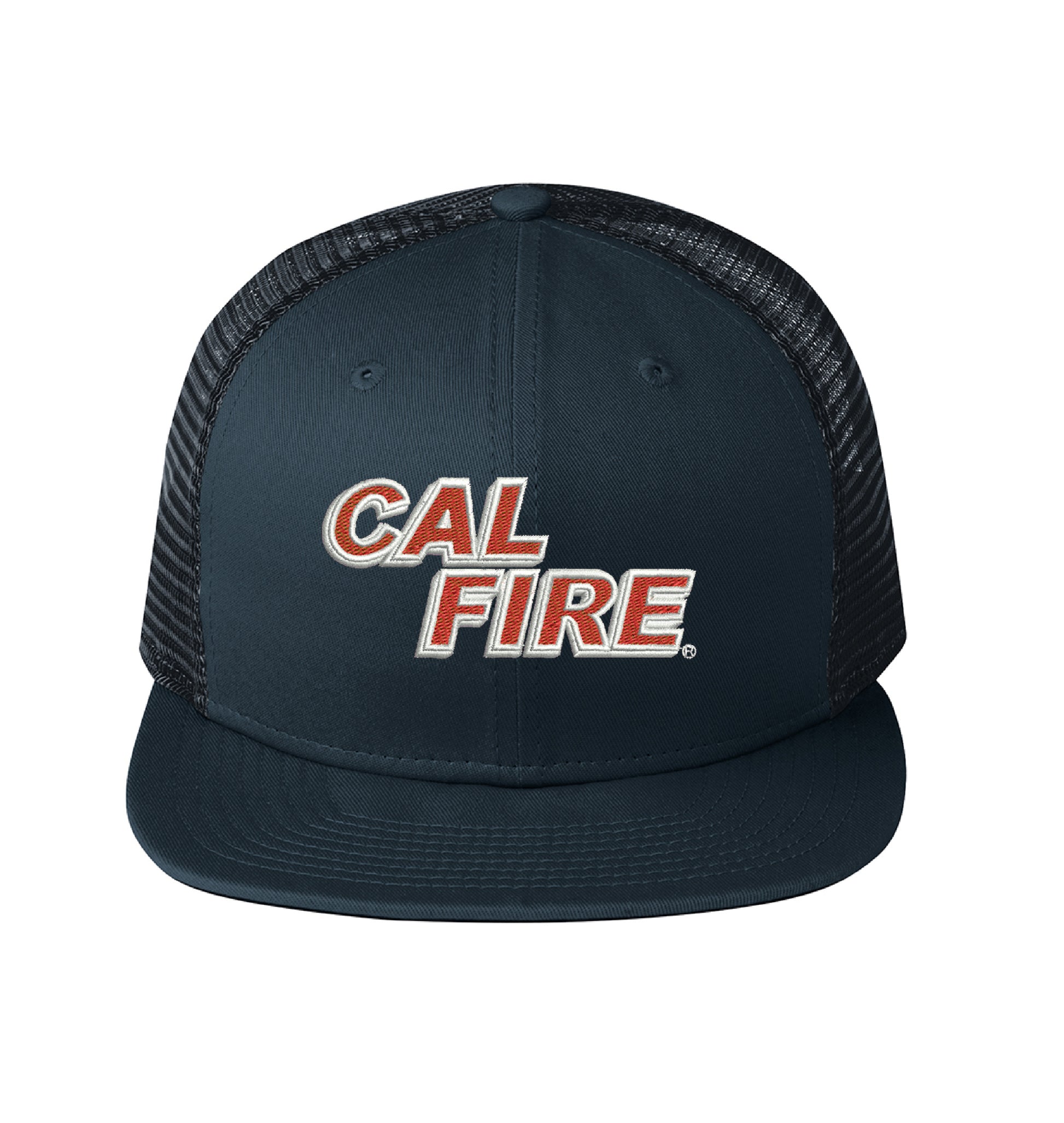 Midnight navy New Era 403 Snapback Hat, front view with the red and white CAL FIRE wordmark embroidered across the front panel.