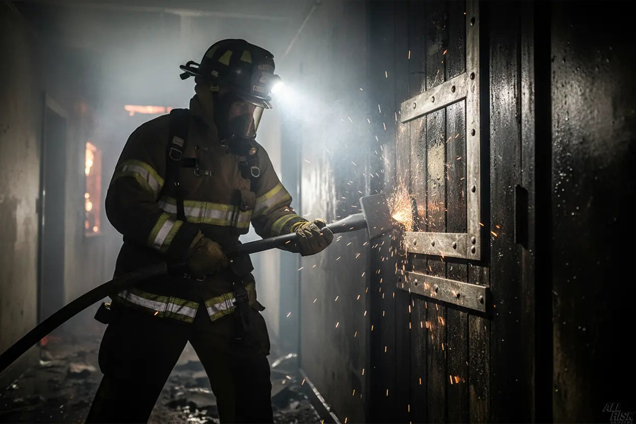Firefighter using PIGlet forcible entry tool during door breaching operation - tool in action during emergency response