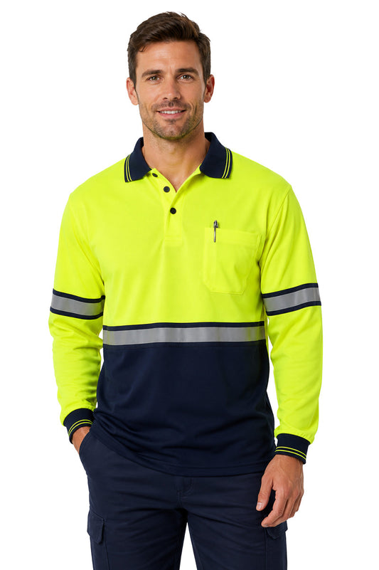 Polyester Long Sleeve Lime Green/Navy Polo Shirt with Reflective Stripe (No ID)