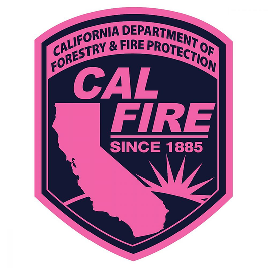 Pink breast-cancer-awareness CAL FIRE arrowhead shield patch with a pink border and accents, navy field, white CAL FIRE wordmark, California outline, sunrise, and 'Since 1885.'