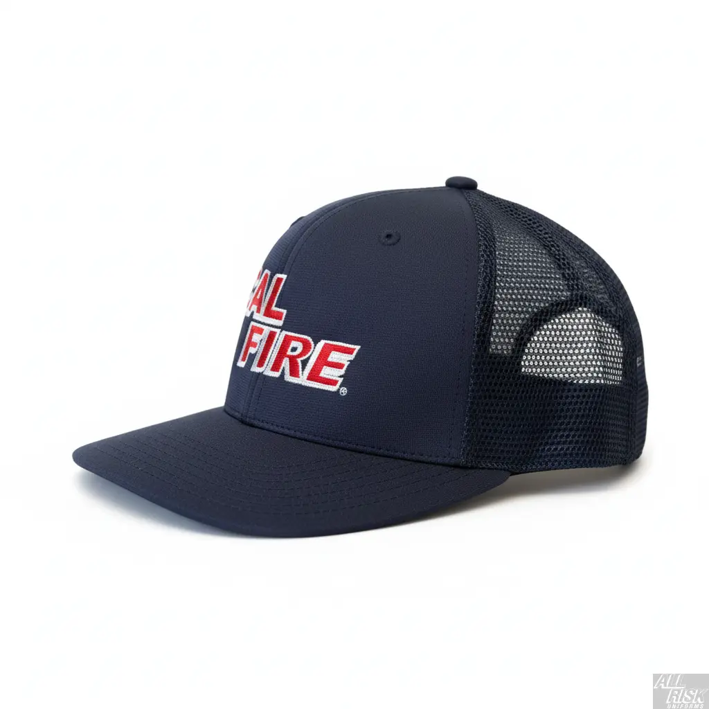 Richardson PTS 20 Mesh Trucker Hat in midnight navy with red CAL FIRE text - side angle view displaying structured front and breathable mesh back construction