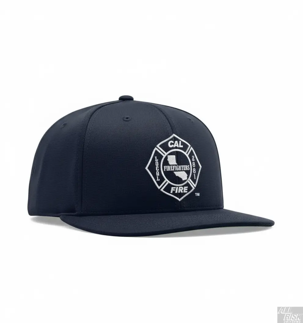 Richardson PTS 20 Snapback Hat in midnight navy with CAL FIRE union logo - side angle view displaying structured 6-panel design and professional fit