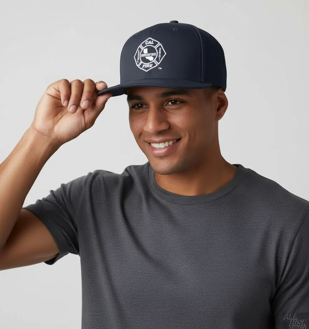 Person wearing Richardson PTS 20 Snapback Hat in midnight navy with CAL FIRE union logo showing comfortable fit and union pride