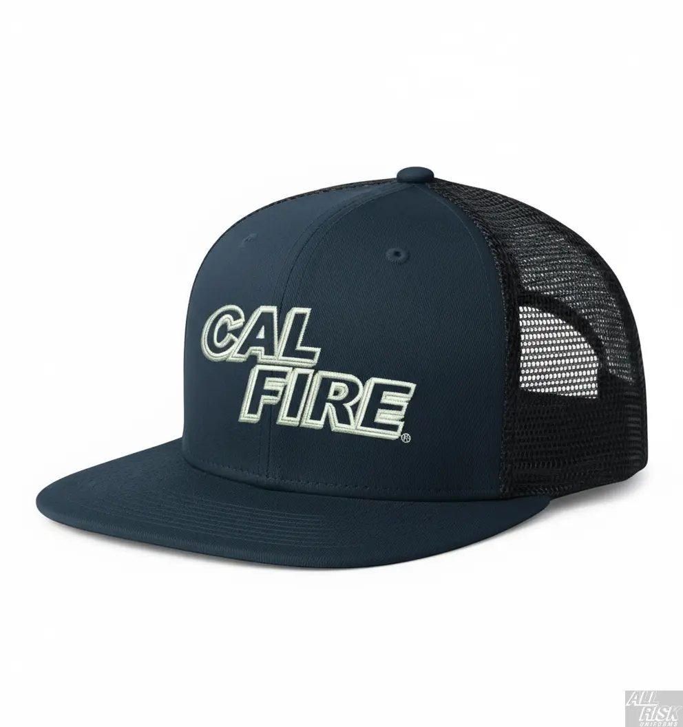 Richardson PTS 20 Mesh Trucker Hat in midnight navy with white CAL FIRE text - side angle view displaying structured front and breathable mesh back construction
