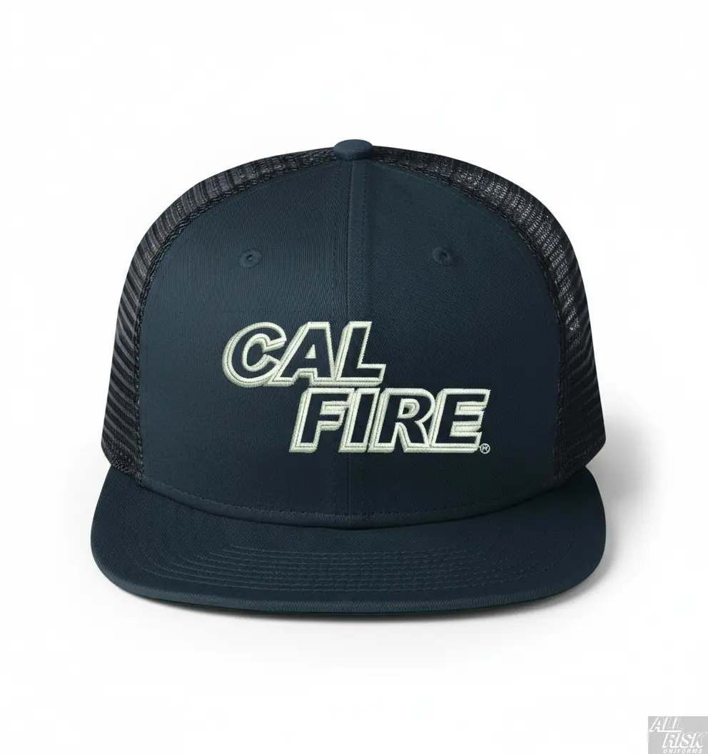 Richardson PTS 20 Mesh Trucker Hat in midnight navy with white CAL FIRE text embroidery - front view showing structured front panels with breathable mesh back and Pulse R-Flex technology