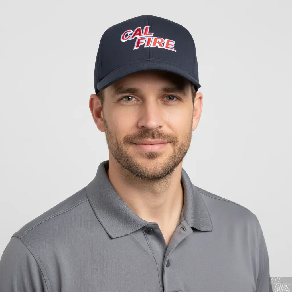 Person wearing Richardson PTS 20 Snapback Hat in midnight navy with red CAL FIRE text showing comfortable fit and professional appearance