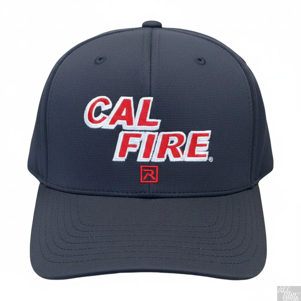 Close-up detail of Richardson PTS 20 Snapback Hat in midnight navy showing red CAL FIRE text embroidery and Pulse R-Flex fabric texture