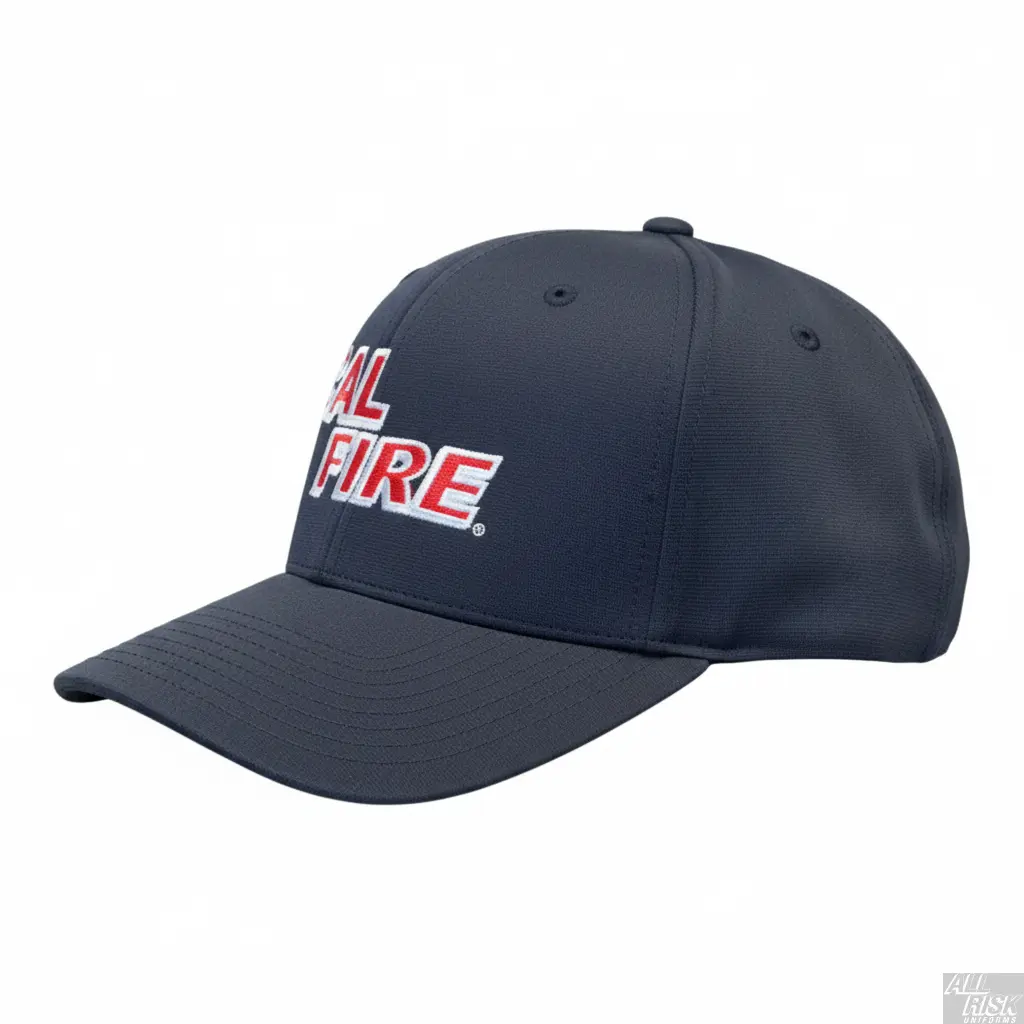Richardson PTS 20 Snapback Hat in midnight navy with red CAL FIRE text - side angle view displaying structured 6-panel design and professional fit