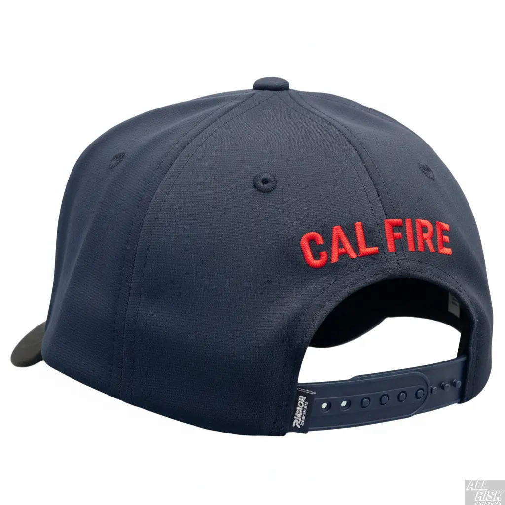 Richardson PTS 20 Snapback Hat in midnight navy with red CAL FIRE text - back view showing snapback closure and structured construction
