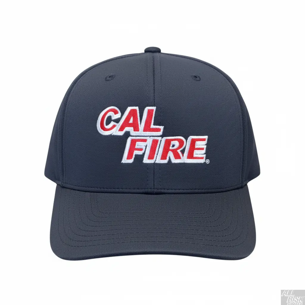 Richardson PTS 20 Snapback Hat in midnight navy with red CAL FIRE text embroidery - front view showing structured 6-panel design with Pulse R-Flex technology