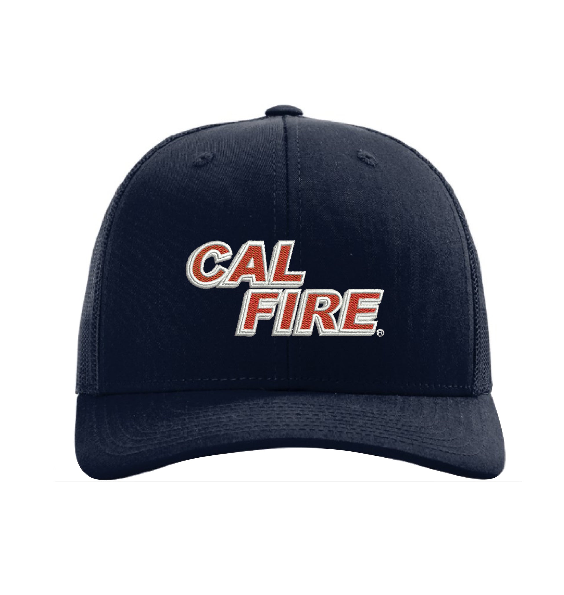 Midnight navy Richardson 112 Trucker Hat, front view with the red and white CAL FIRE wordmark embroidered across the front panel.