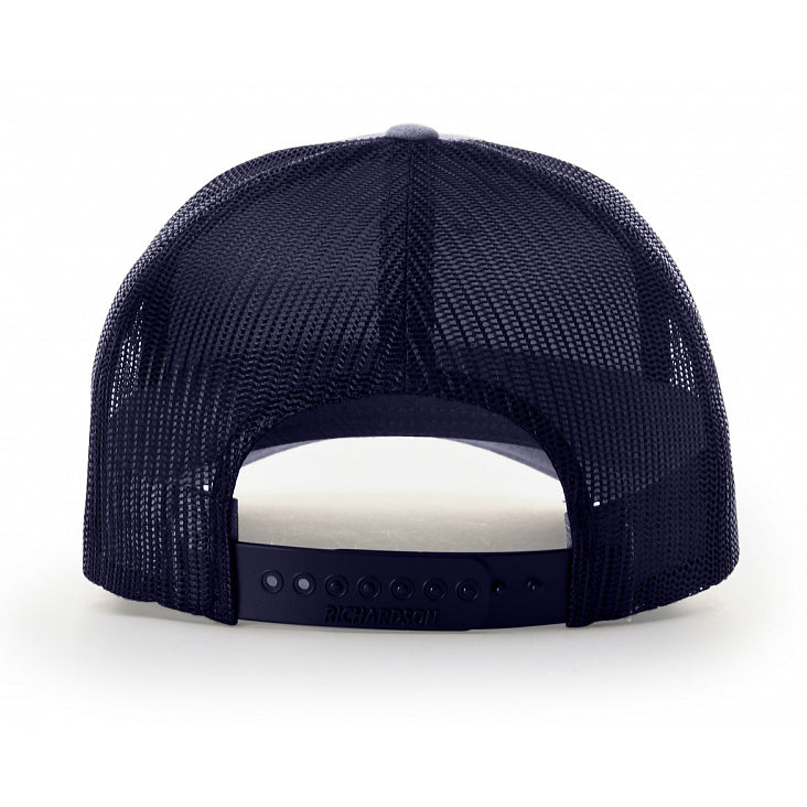 Back view of the midnight navy Richardson 112 Trucker Hat, showing the crown and closure.