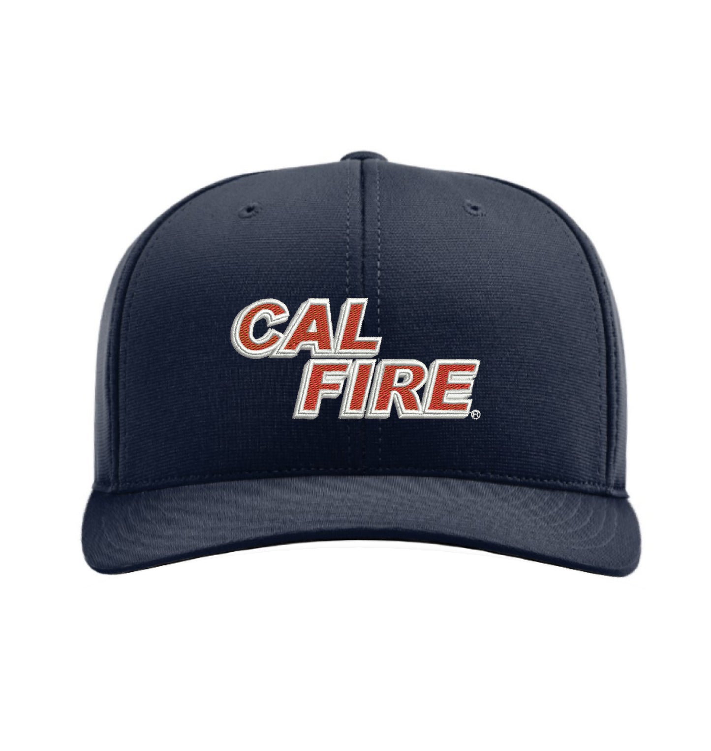 Midnight navy Richardson 653 Stretch-Fit Hat, front view with the red and white CAL FIRE wordmark embroidered across the front panel.