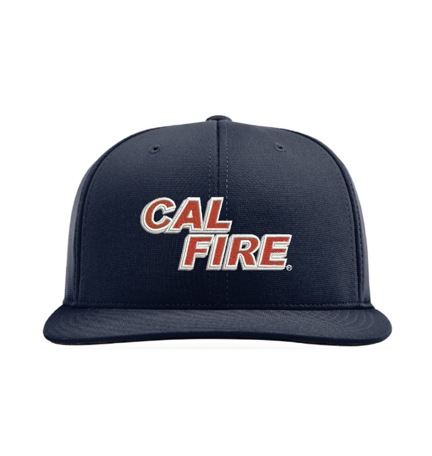 Midnight navy Richardson PTS20 Performance Hat, front view with the red and white CAL FIRE wordmark embroidered across the front panel.