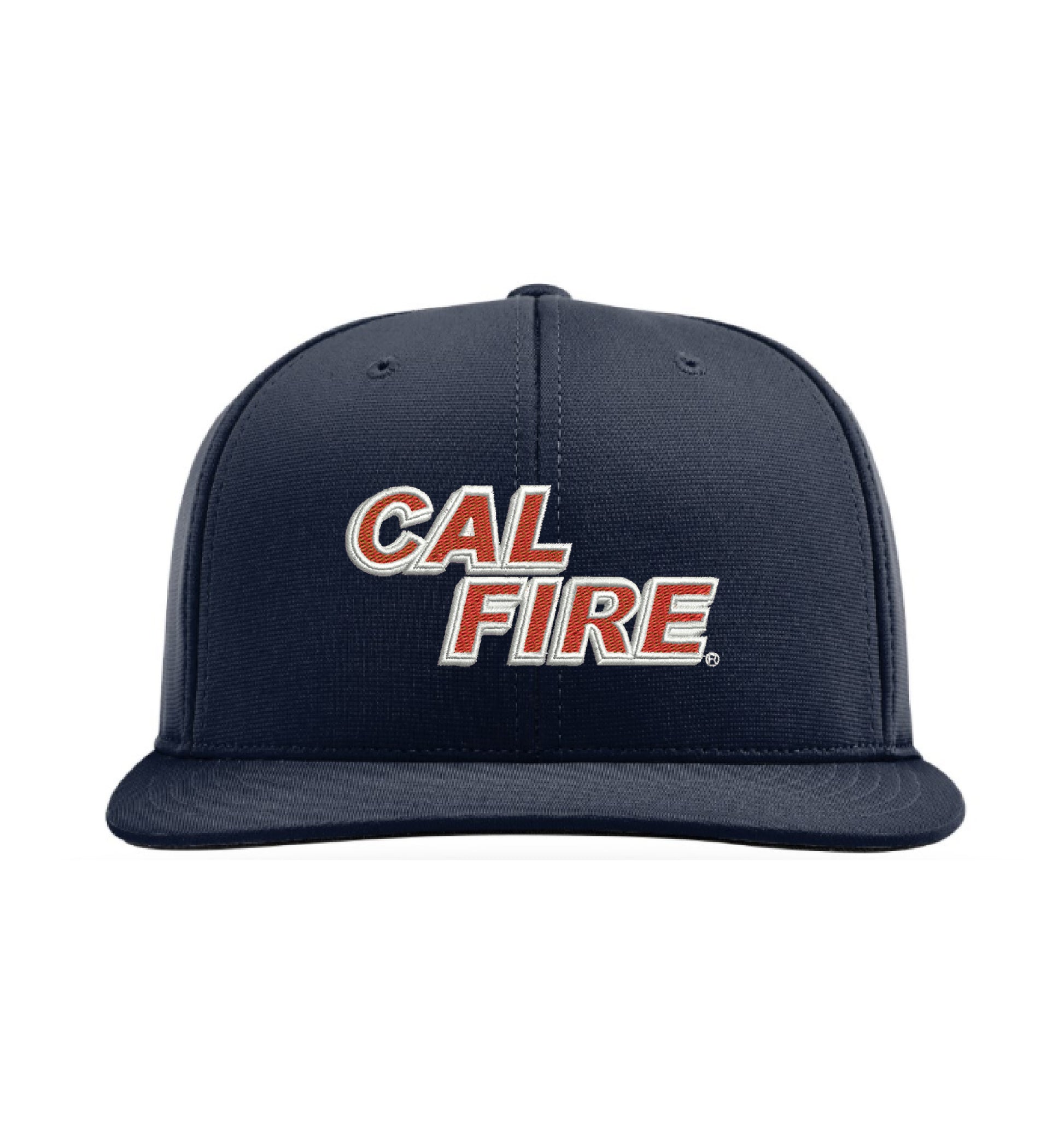 Midnight navy Richardson PTS20 Performance Hat, front view with the red and white CAL FIRE wordmark embroidered across the front panel.
