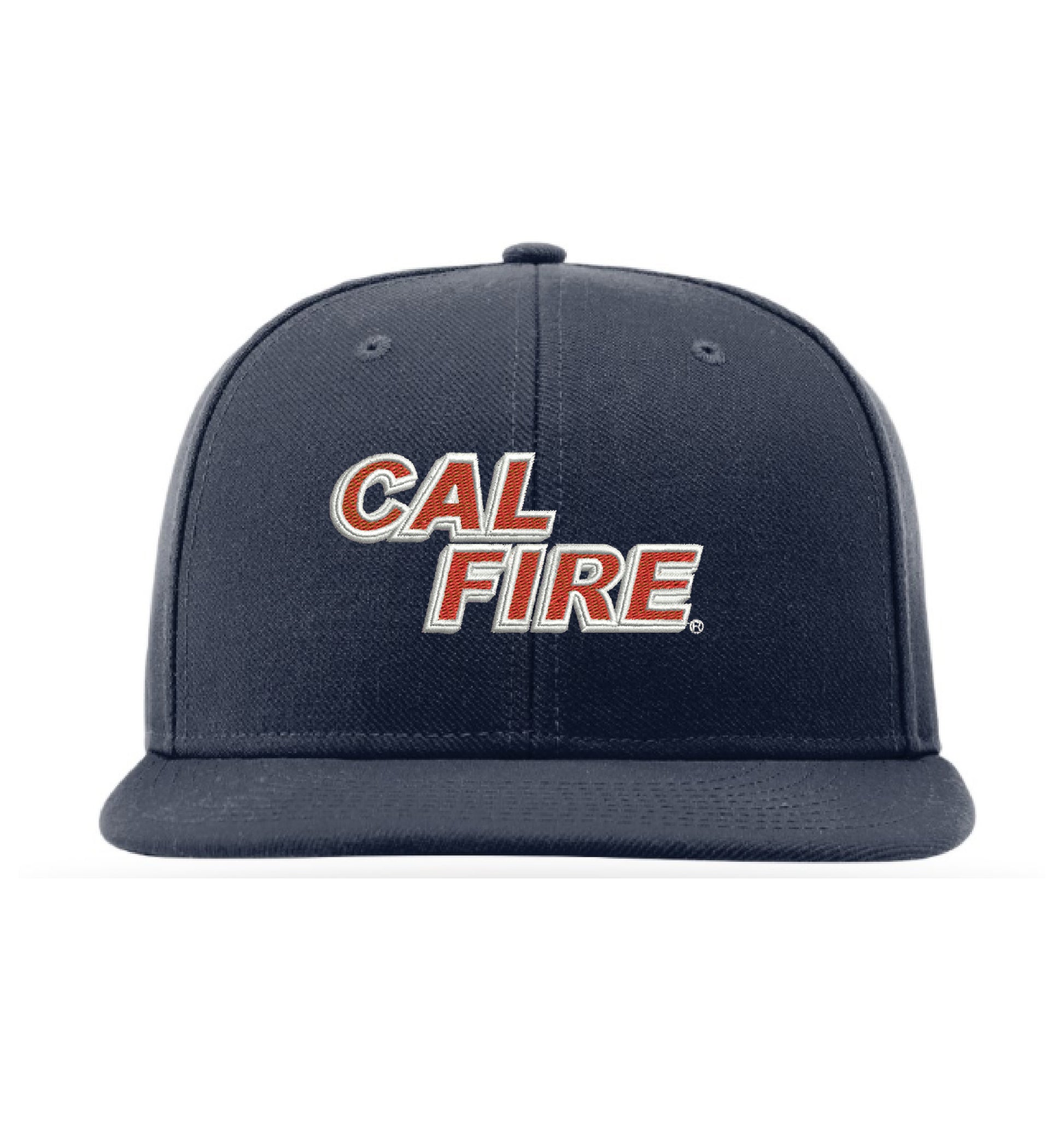 Midnight navy Richardson PTS65 Fitted Flat Bill Hat, front view with the red and white CAL FIRE wordmark embroidered across the front panel.