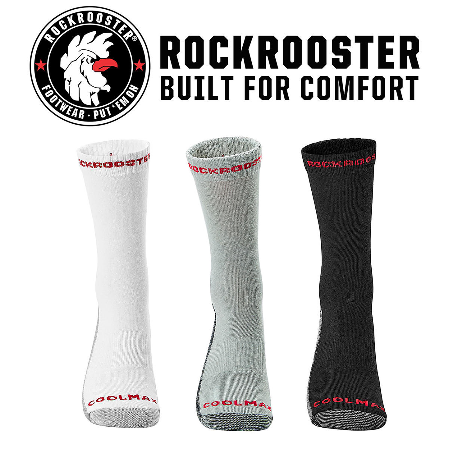 RockRooster CoolMax Men's Moisture Control Durable Work Crew Socks 3 Pairs (3)