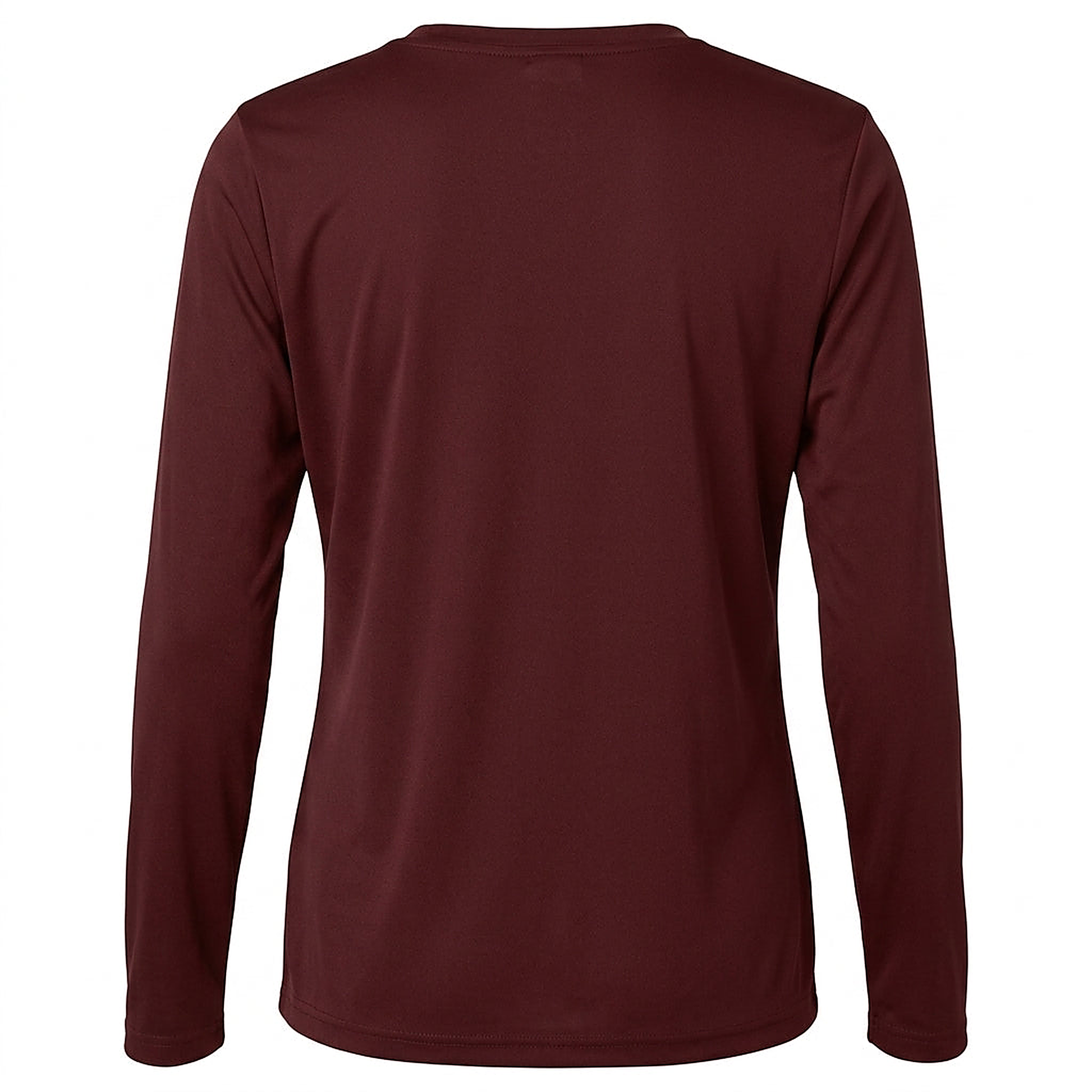 Siskiyou Trojans SCT crest on Maroon ladies-ls-tee (back view)