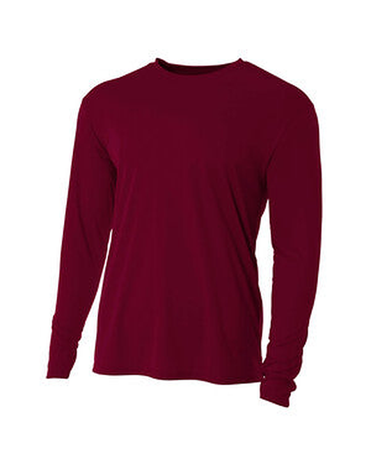 A4 N3165 Cooling Performance Long Sleeve Tee in Maroon — SCT crest embroidered left chest